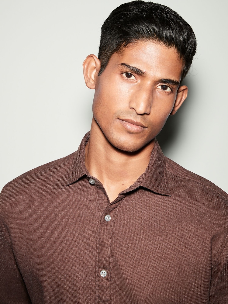 Chocolate Brown Regular Fit Textured Single Cuff Shirt With Cutaway Collar - Image 4 of 8