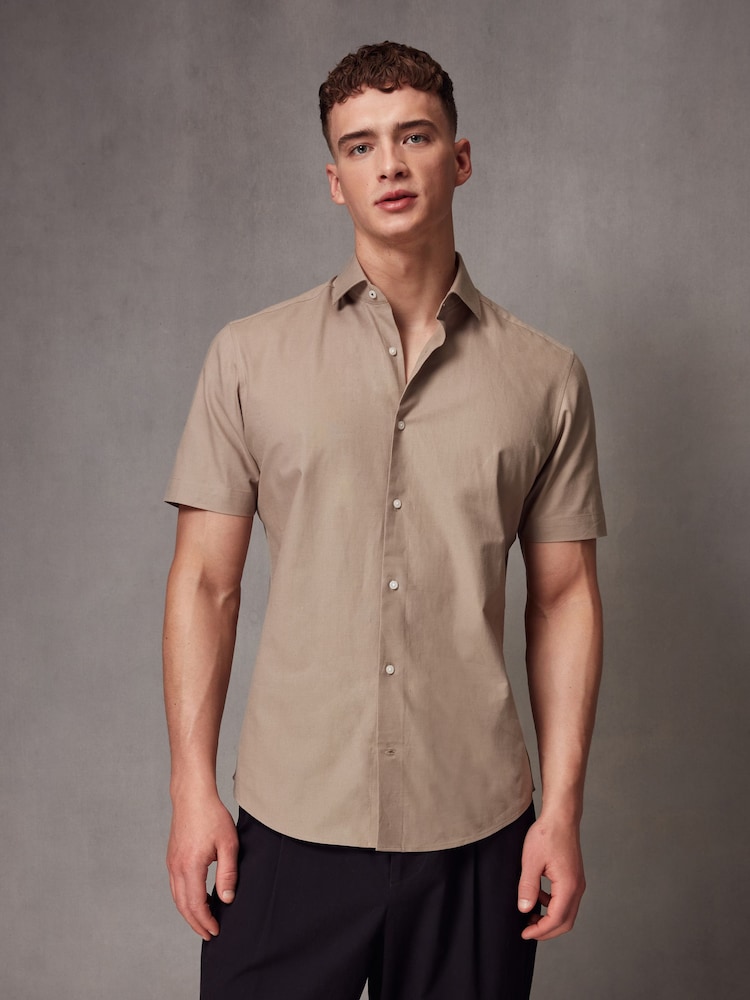 Neutral Brown Short Sleeve Linen Blend Shirt - Image 1 of 7