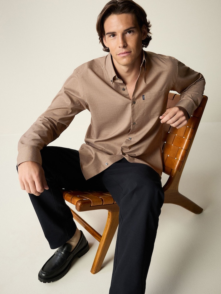 Neutral Brown Marl Regular Fit Button Down Easy Iron Oxford Shirt - Image 2 of 7