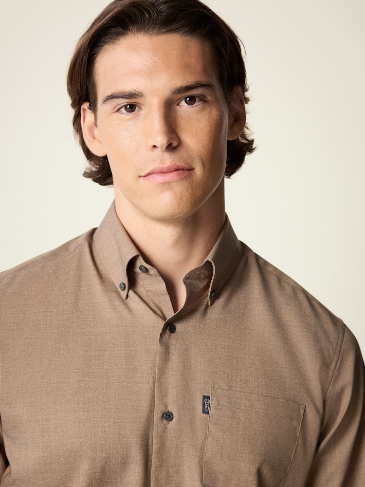 Neutral Brown Marl Regular Fit Button Down Easy Iron Oxford Shirt - Image 4 of 7