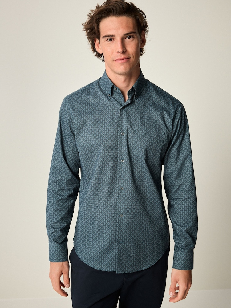 Bloque azul marino con estampado - Camisa Oxford con diseño abotonado fácil de plancha - Imagen 1 de 8