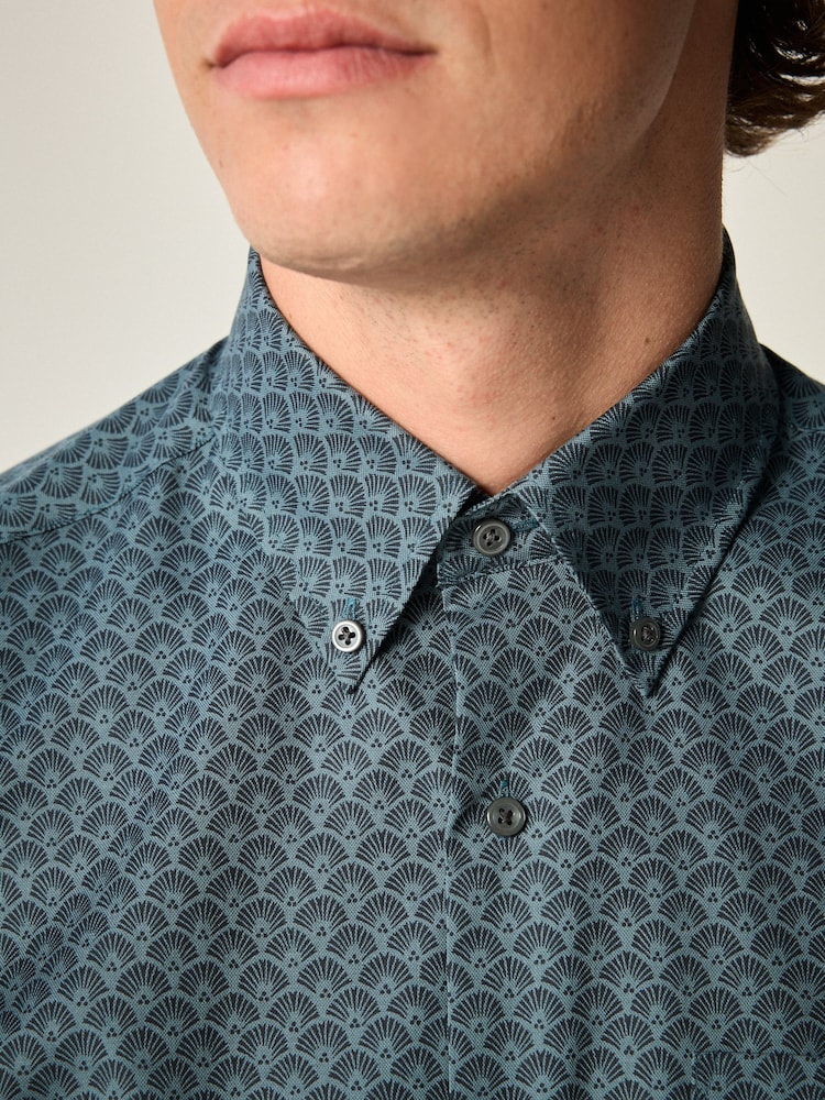 Navy Blue Block Print Regular Fit Easy Iron Button Down Oxford Shirt - Image 4 of 8