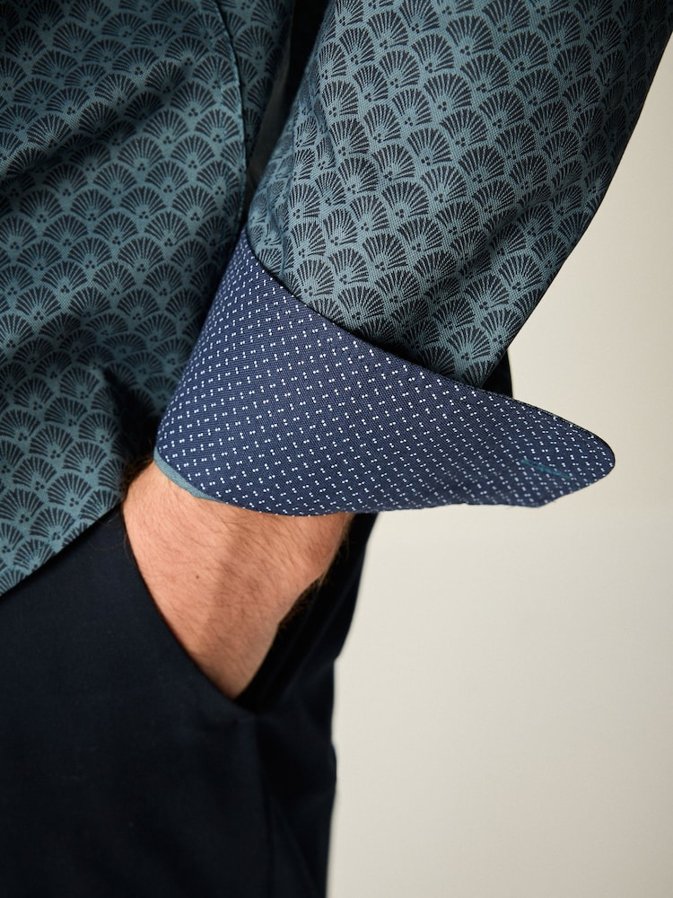 Navy Blue Block Print Regular Fit Easy Iron Button Down Oxford Shirt - Image 5 of 8