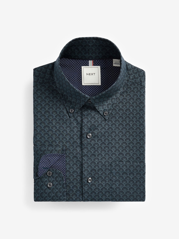 Navy Blue Block Print Regular Fit Easy Iron Button Down Oxford Shirt - Image 7 of 8