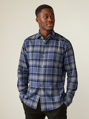 Navy Blue/Grey Tartan Brushed 100% Cotton Flannel Shirt - Image 1 of 7