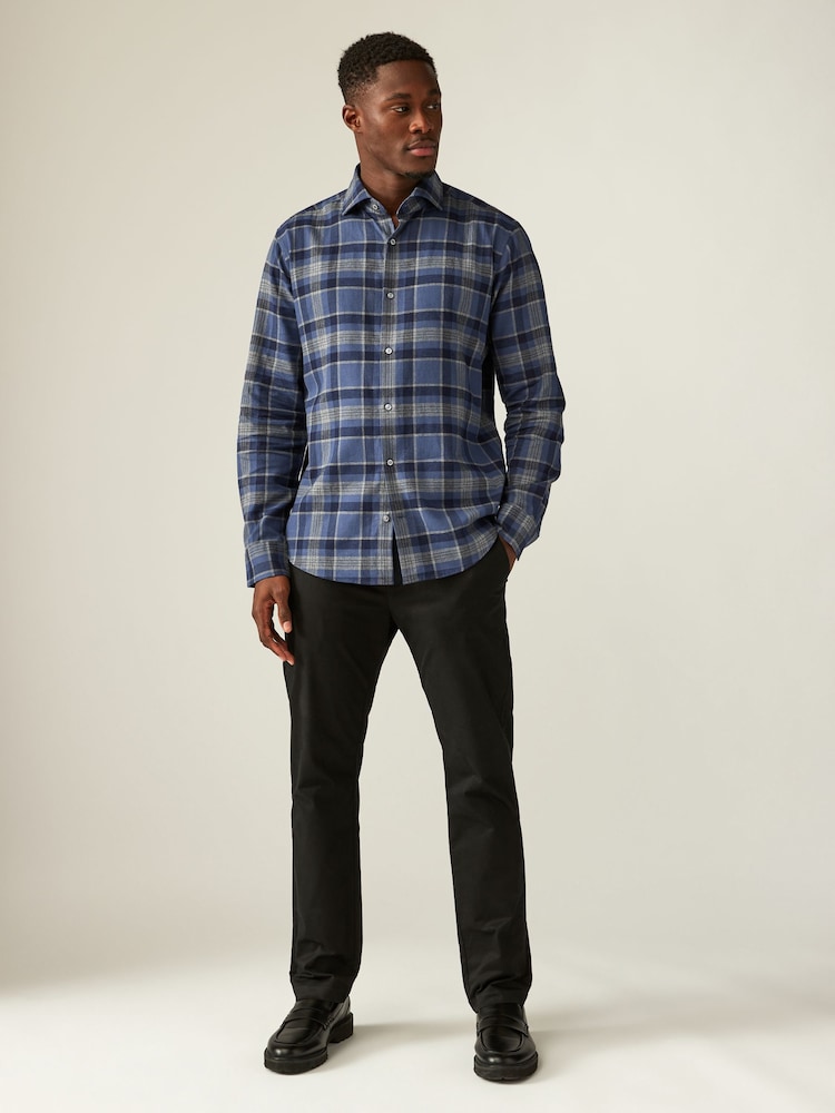 Navy Blue/Grey Tartan Brushed 100% Cotton Flannel Shirt - Image 2 of 7