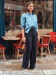 Navy Pinstripe Elastic Back Wide Leg Trousers - Image 1 of 7