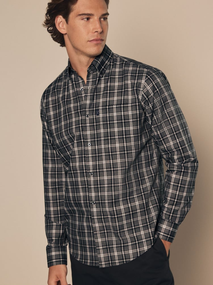 Grey Check Regular Fit Easy Iron Long Sleeve Single Cuff Oxford Shirt - Image 1 of 7