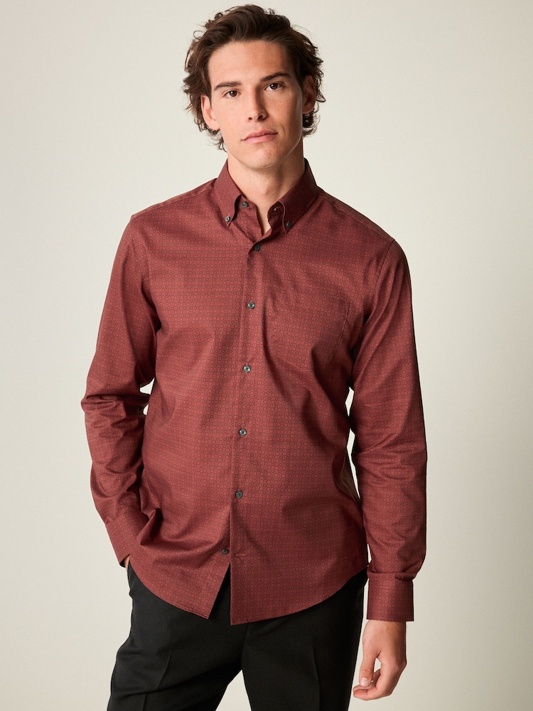 Burgundy Red Geometric Regular Fit Easy Iron Button Down Oxford Shirt - Image 1 of 9