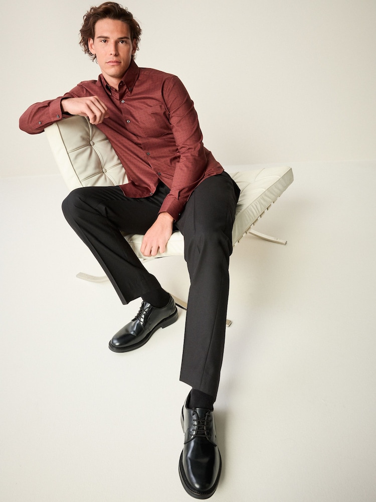 Burgundy Red Geometric Regular Fit Easy Iron Button Down Oxford Shirt - Image 2 of 9