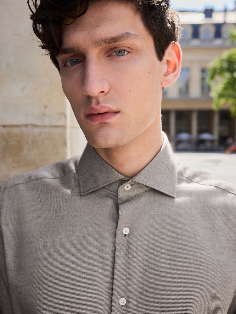 Neutral Brown Regular Fit Brushed Flannel 100% Cotton Shirt - Image 2 of 7