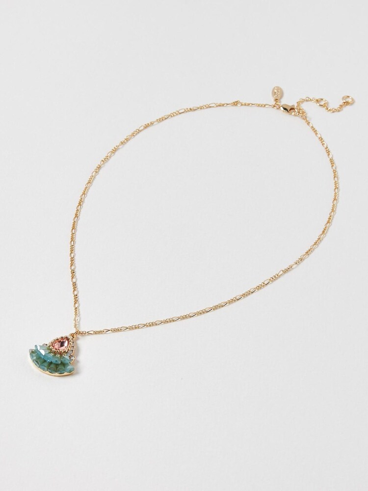 Oliver Bonas Green Jovie Aqua Fan Beads Drop Pendant Necklace - Image 1 of 6