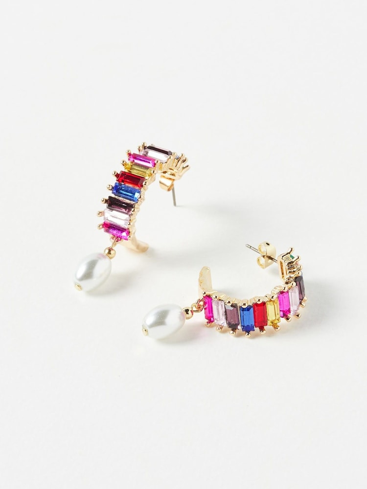 Oliver Bonas Multi Tiffany Rainbow Stone and Faux Fur Pearl Drop Hoop Earrings - Image 2 of 6