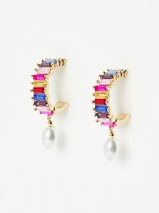 Oliver Bonas Multi Tiffany Rainbow Stone and Faux Fur Pearl Drop Hoop Earrings - Image 3 of 6