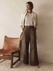 Khaki Green Utility Belted Wide Leg 100% Cotton Cargo Trousers - Image 1 of 6