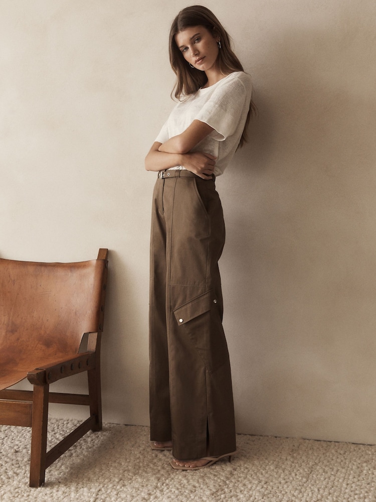 Khaki Green Utility Belted Wide Leg 100% Cotton Cargo Trousers - Image 2 of 6