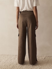 Khaki Green Utility Belted Wide Leg 100% Cotton Cargo Trousers - Image 3 of 6