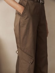 Khaki Green Utility Belted Wide Leg 100% Cotton Cargo Trousers - Image 4 of 6