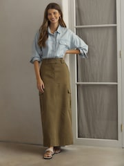 Khaki Green Utility Midi 100% Cotton Skirt - Image 1 of 6