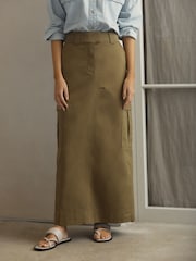 Khaki Green Utility Midi 100% Cotton Skirt - Image 2 of 6