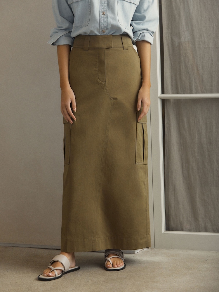 Khaki Green Utility Midi 100% Cotton Skirt - Image 2 of 6