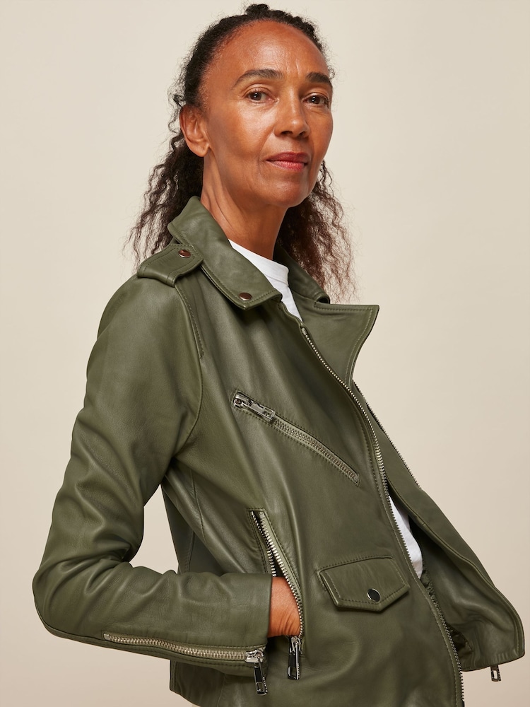 Whistles Green Agnes Pocket Leather Jacket - Image 1 of 4