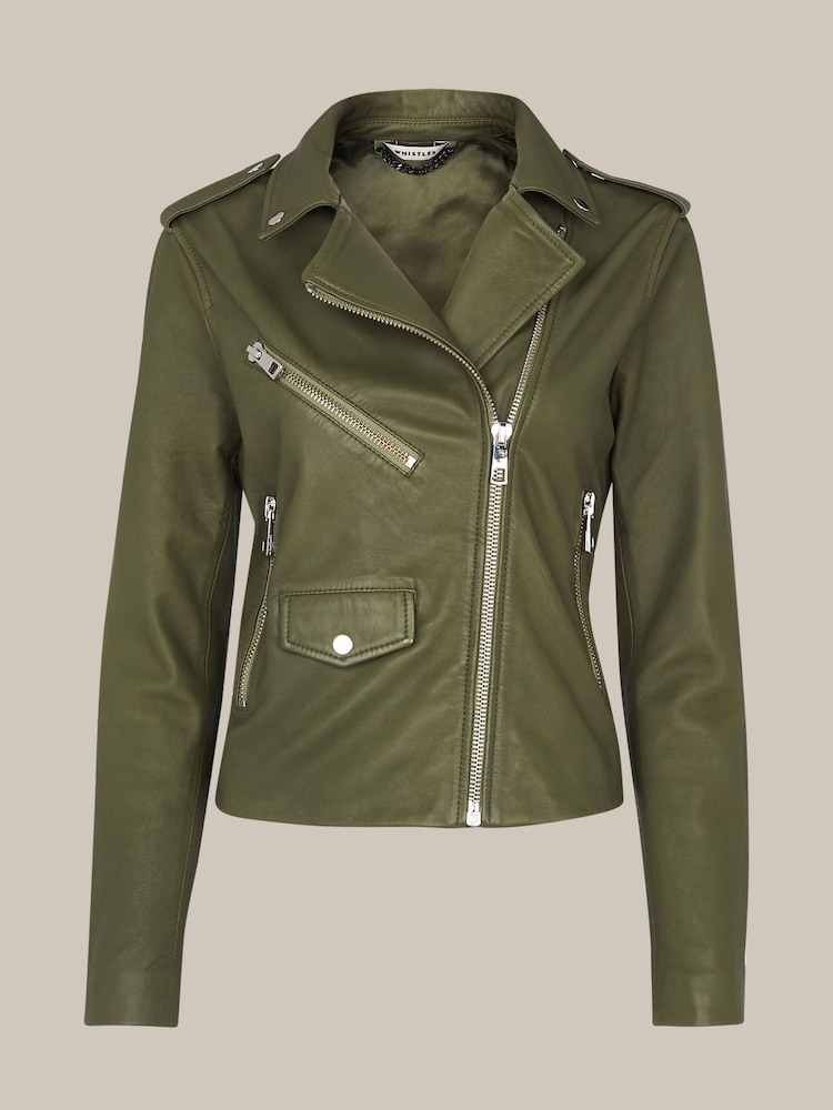 Whistles Green Agnes Pocket Leather Jacket - Image 4 of 4