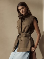 Khaki Green Utility Sleeveless 100% Cotton Jacket - Image 1 of 6