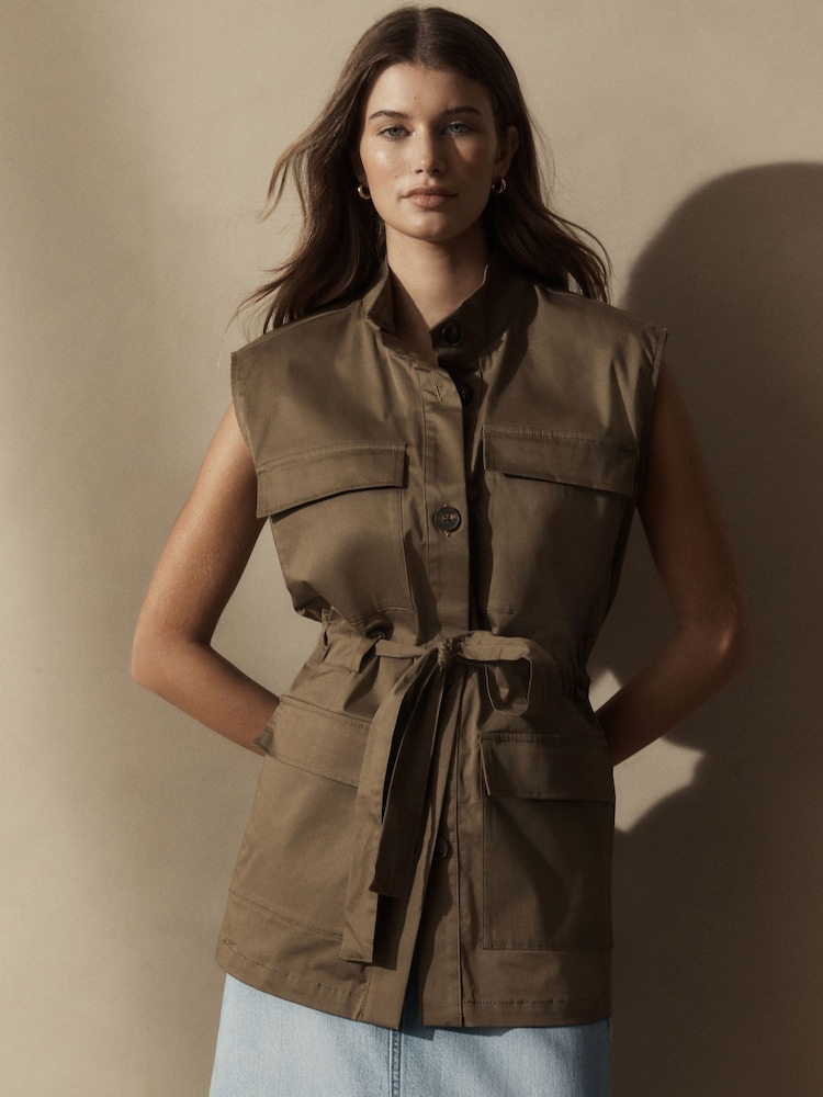 Khaki Green Utility Sleeveless 100% Cotton Jacket - Image 2 of 6