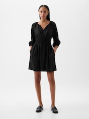 Gap Black Linen Cotton Long Sleeve Shirred Waist Mini Dress - Image 1 of 4
