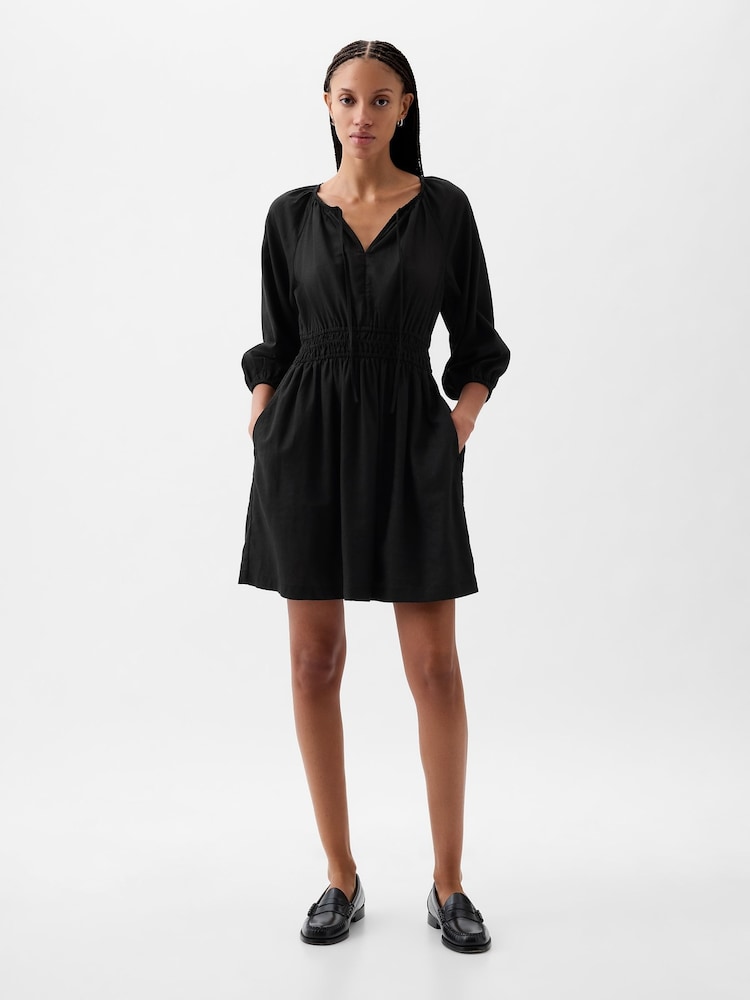 Gap Black Linen Cotton Long Sleeve Shirred Waist Mini Dress - Image 1 of 4