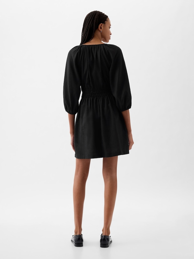 Gap Black Linen Cotton Long Sleeve Shirred Waist Mini Dress - Image 2 of 4