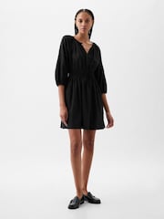 Gap Black Linen Cotton Long Sleeve Shirred Waist Mini Dress - Image 3 of 4