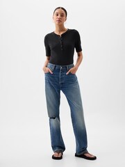 Schwarz - Gap Geripptes Henley-T-Shirt mit Rundhalsausschnitt und viertellangen Ärmeln - Bild 1 von 2