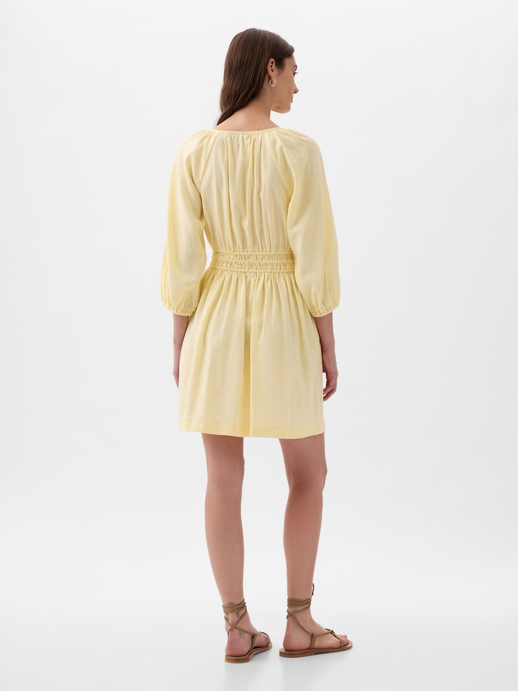 Gap Yellow Linen Cotton Long Sleeve Shirred Waist Mini Dress - Image 2 of 4