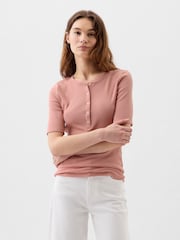 Gap Pink Ribbed Henley  Quarter Sleeve Crew Neck T-Shirt - Image 1 of 4