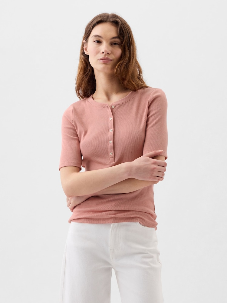Gap Pink Ribbed Henley  Quarter Sleeve Crew Neck T-Shirt - Image 1 of 4