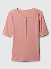 Gap Pink Ribbed Henley  Quarter Sleeve Crew Neck T-Shirt - Image 3 of 4