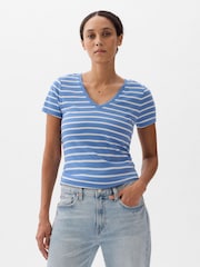 Gap Blue Stripe Favourite Short Sleeve V Neck Print T-Shirt - Image 1 of 2
