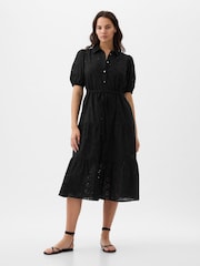 Gap Black Eyelet Tie Waist Tiered Midi Dress - Image 1 of 5