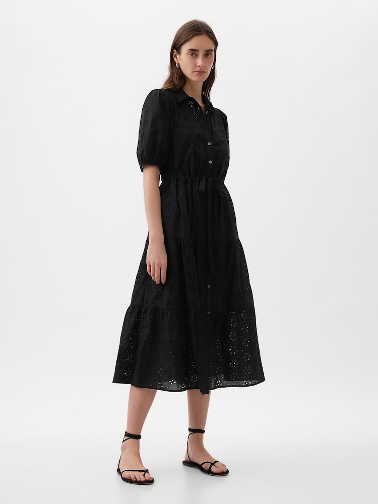 Gap Black Eyelet Tie Waist Tiered Midi Dress - Image 2 of 5