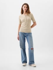 Gap Neutral Ribbed Henley  Quarter Sleeve Crew Neck T-Shirt - Image 1 of 2