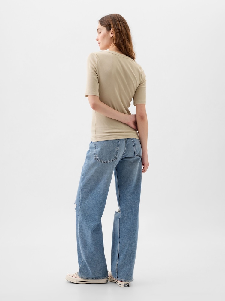 Gap Neutral Ribbed Henley  Quarter Sleeve Crew Neck T-Shirt - Image 2 of 2
