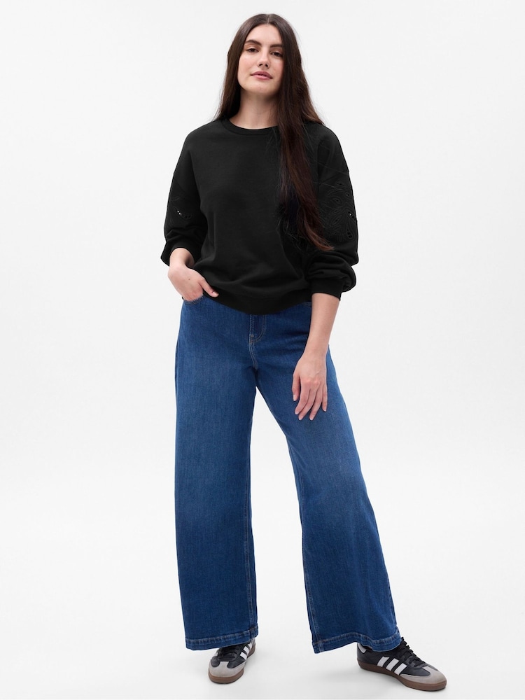 Gap Black Vintage Soft Eyelet Sleeve Sweatshirt - Image 1 of 5 Gap Black Vintage Soft Eyelet Sleeve Sweatshirt - Image 1 of 5