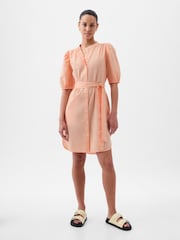 Gap Orange Linen Blend Short Puff Sleeve Mini Shirt Dress - Image 4 of 5