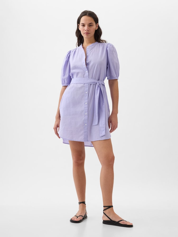 Gap Purple Linen Blend Short Puff Sleeve Mini Shirt Dress - Image 1 of 5 Gap Purple Linen Blend Short Puff Sleeve Mini Shirt Dress - Image 1 of 5