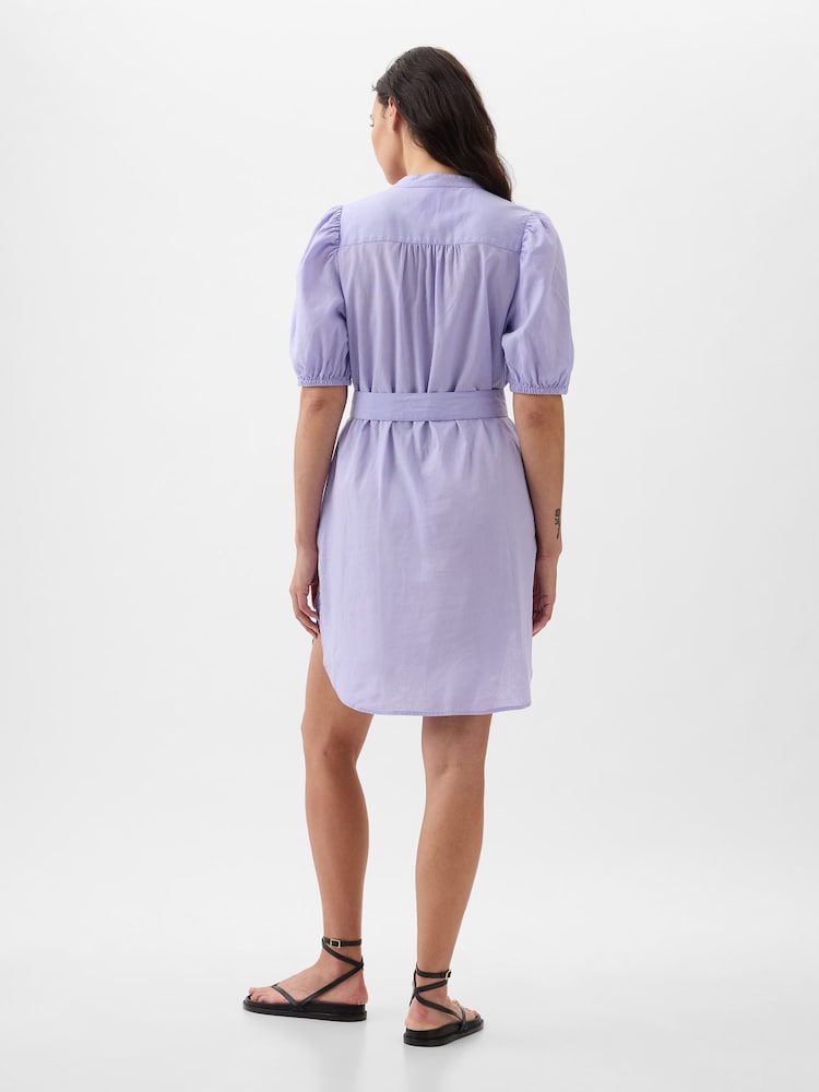 Gap Purple Linen Blend Short Puff Sleeve Mini Shirt Dress - Image 2 of 5 Gap Purple Linen Blend Short Puff Sleeve Mini Shirt Dress - Image 2 of 5