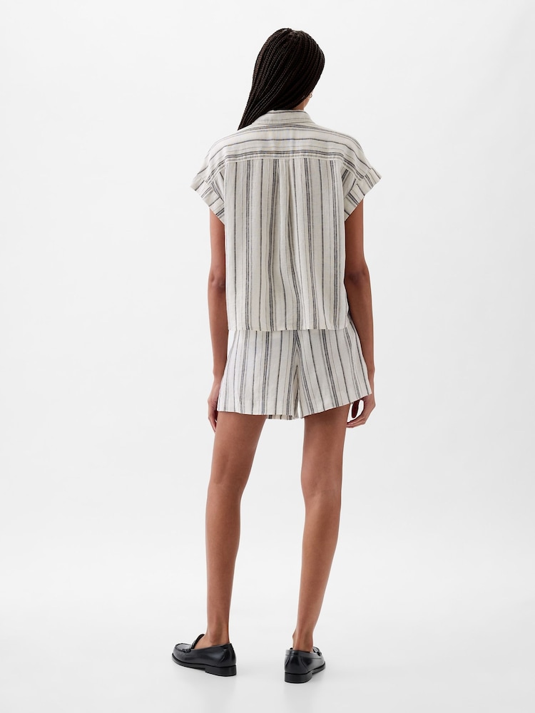 Gap Neutral Stripe Linen-Blend Short Sleeve Cropped Shirt - Image 2 of 4