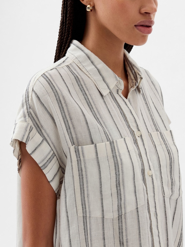 Gap Neutral Stripe Linen-Blend Short Sleeve Cropped Shirt - Image 4 of 4