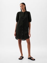 Gap Black Linen Blend Short Puff Sleeve Mini Shirt Dress - Image 2 of 4
